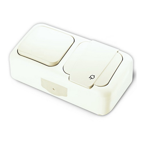 Вимикач 1-клавішний накладний білий+розетка 1-на з зазаемленням VI-KO PALMIYE IP54