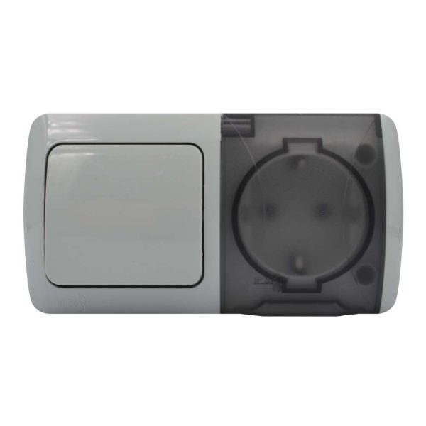 Вимикач EVA світло-сірий 1кл накладний+розетка 1-на з кришкою IP54