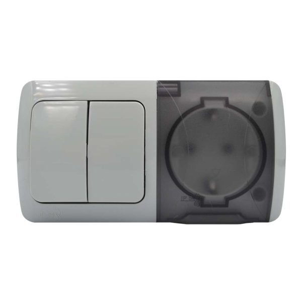Вимикач EVA світло-сірий 2кл накладний+розетка 1-на з кришкою IP54