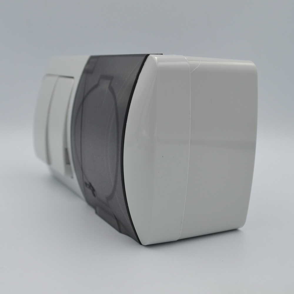 Вимикач EVA світло-сірий 2кл накладний+розетка 1-на з кришкою IP54 фото 2