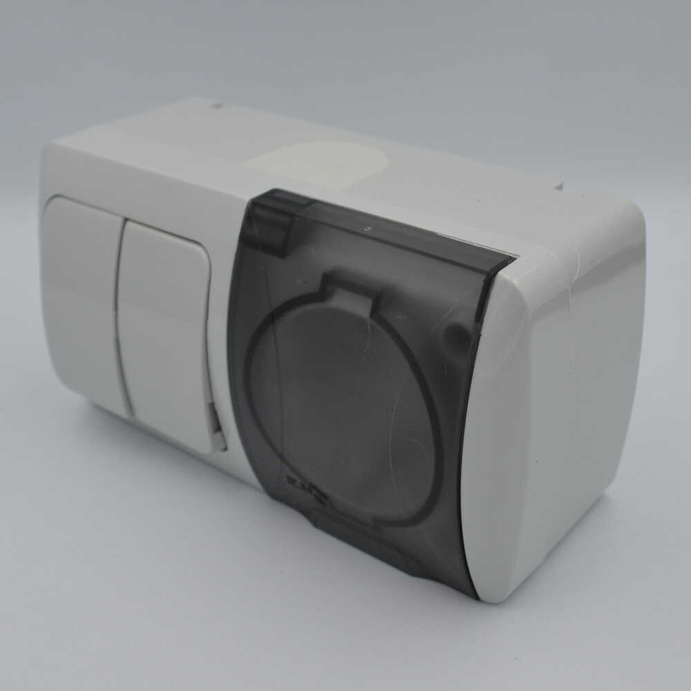 Вимикач EVA світло-сірий 2кл накладний+розетка 1-на з кришкою IP54 фото 3