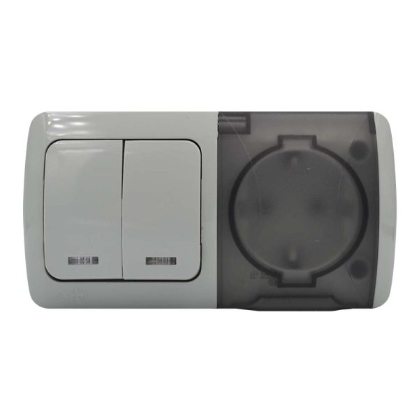 Вимикач EVA світло-сірий прохідний 2кл накладний з підсвіткою+розетка 1-на з кришкою IP54