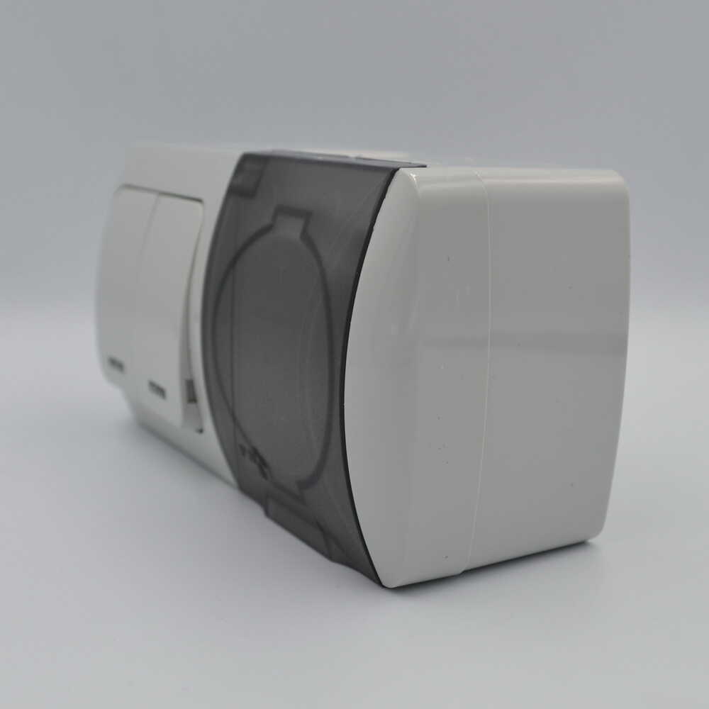 Вимикач EVA світло-сірий прохідний 2кл накладний з підсвіткою+розетка 1-на з кришкою IP54 фото 2
