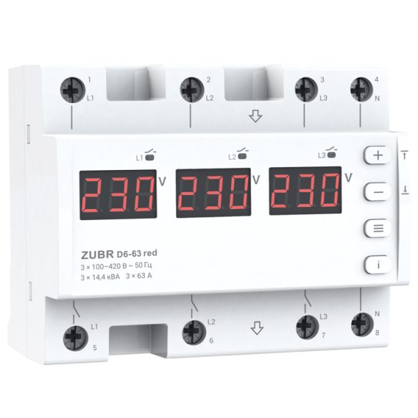Реле напруги 3Ф 63A D6-63 Red термозахист ZUBR