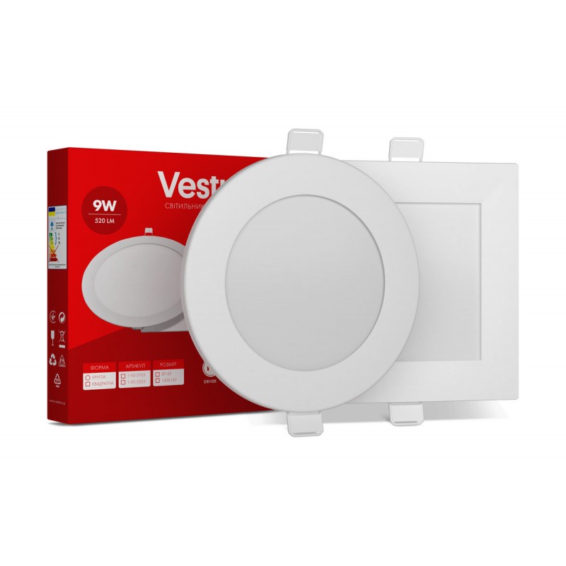 Світильнийк LED врізний круглий Vestum 9W 6000K 220V Світильнийк LED врізний круглий Vestum 9W 6000K 220V